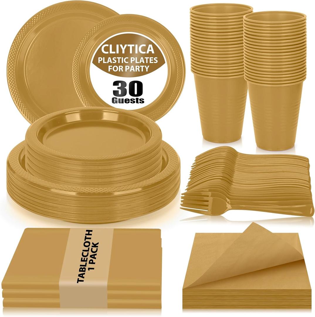 Gold Plastic Plates Set-30 Guest 9" Dinner Plates & 7" Dessert Plates,12 oz Cups,Napkins,Forks,Disposable Plastic Tableware for Wedding,Corporate Events,Anniversary