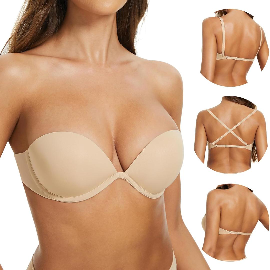 Women's Strapless Bra Push Up-Non Slip Invisible Underwire Low Back Multiway Support Padded Plunge Bra for Comfort Lift (32DDD, Nude)