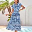 GRACE KARIN Women's Floral Boho Dress Hawaiian Dresse Short Sleeve V Neck Summer Beach Wedding Guest Swing Maxi Sundress (Blue, M)