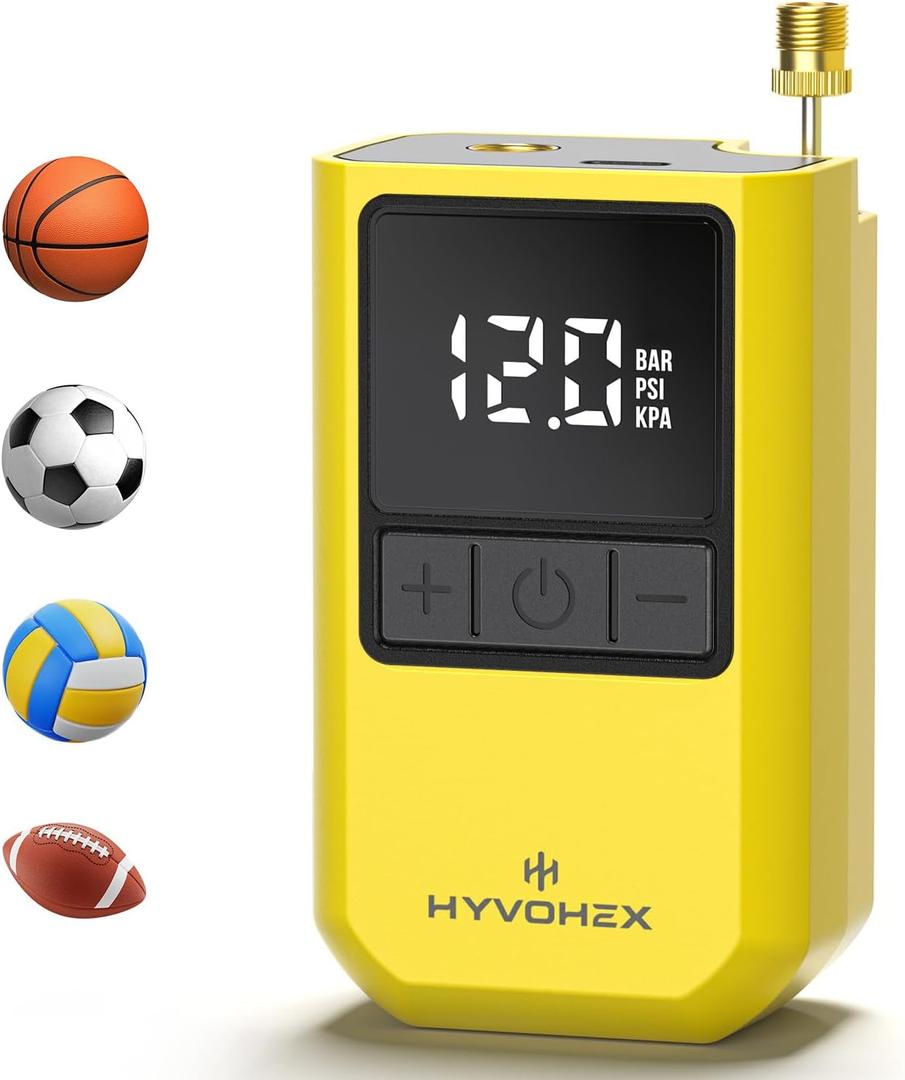 Ball Pump for Sports Balls, Portable Electric Basketball Pump Ultra Fast Inflation, with Digital LED Display Air Pump for Balls, Preset Pressure with Ball Needle for Soccer, Volleyball (Yellow)