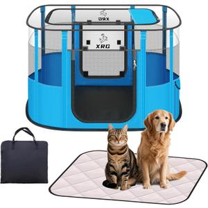 Portable Pet Playpen with Waterproof pad, Collapsible Crates Kennel Playpen for Dog cat and Rabbit &Travel playpen Outdoor or Indoor (Medium31.5" L x 23.6" W x 21.7" H, Clear Blue)