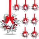 Giegxin 8 Pcs Vintage Small Christmas Wreath for Cabinet Mini Kitchen Wreath with Red Berry Realistic Norfolk Farmhouse Decoration for Xmas Window Indoor Chair Fireplace Porch Candle Decor (No Bows)