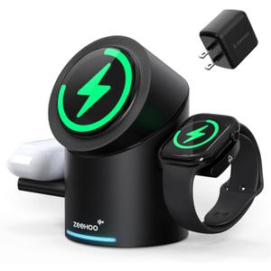 ZEEHOO 3 in 1 Charging Station for Apple Devices, Mag-Safe Charger Stand, Qi2 15W Auto-Rotating Wireless Charging Station for iPhone 16/15/14/13/12 Series& AirPods& iWatch (Black)