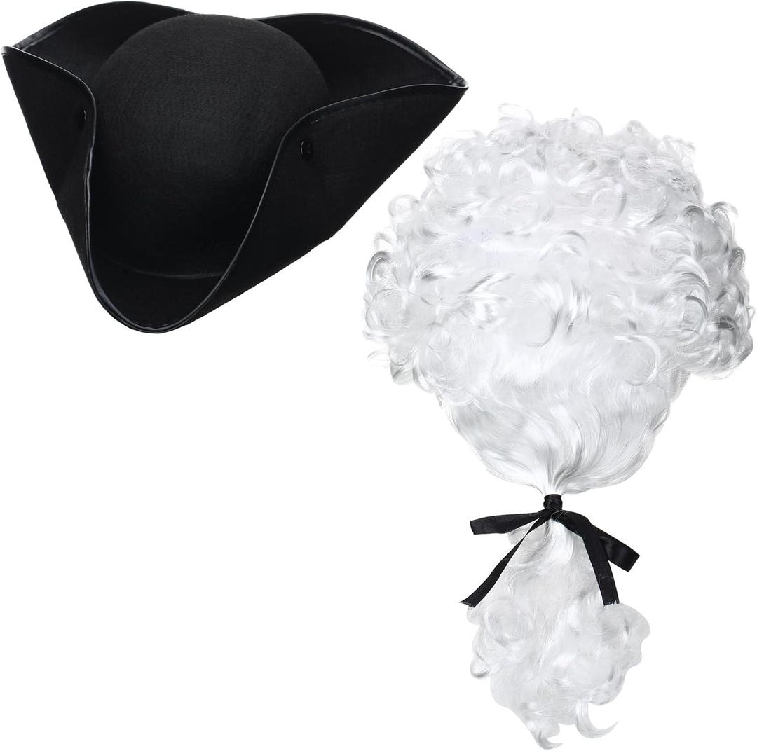 Liitrsh 2 Pieces Halloween Costume Accessories Black Tricorn Hat and White Wig Historical Colonial Outfit for Adults Teens Women Men Halloween Revolutionary War Cosplay Party