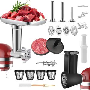 Meat Grinder Attachment for Kitchenaid Stand Mixer with 4 Grinding Plates, Cheese Grater Attachment for kitchenaid Stand Mixer with 3 Metal Sausage Stuffer Tubes, Salad Maker, Burger Press & 3 Blades