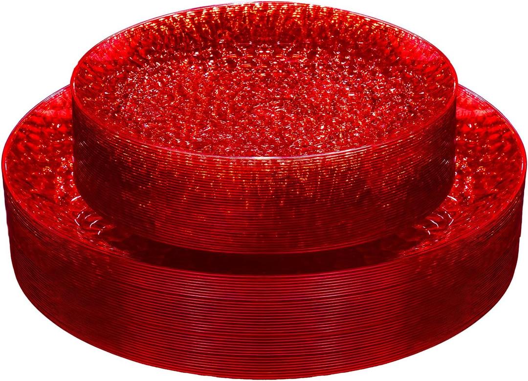 Rubtlamp 60 Pcs Red Plasitc Plates, Heavy Duty, Disposable,Clear Red Disposable Plates, Hammered Plastic plates Include 30 Dessert Platos, 30 Dinner Platos for Party