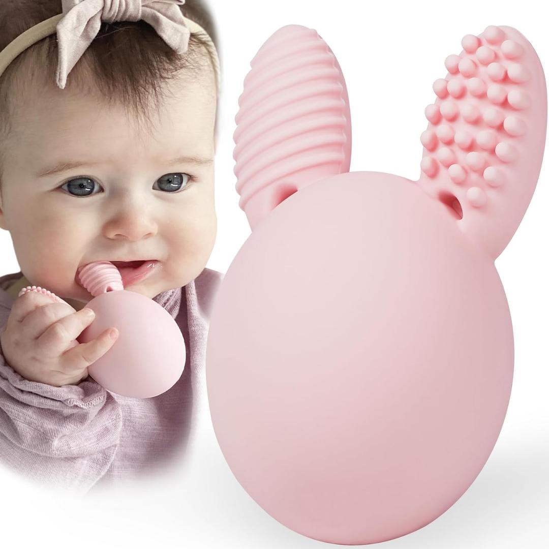 Teether Baby Teething Toy Rabbit Egg Rattle Toy Teething Pain Relief for Babies Boys Girls - Pink