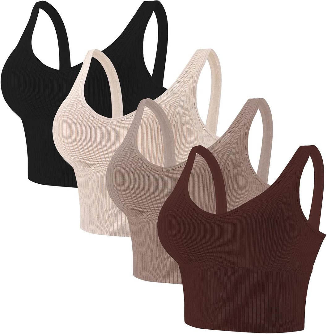 Eleplus 4 Pieces Comfy Cami Bras for Women Tank Crop Top with Built in Bra Yoga Longline Padded Lounge Bralette Pack (Large-X-Large, Color3)