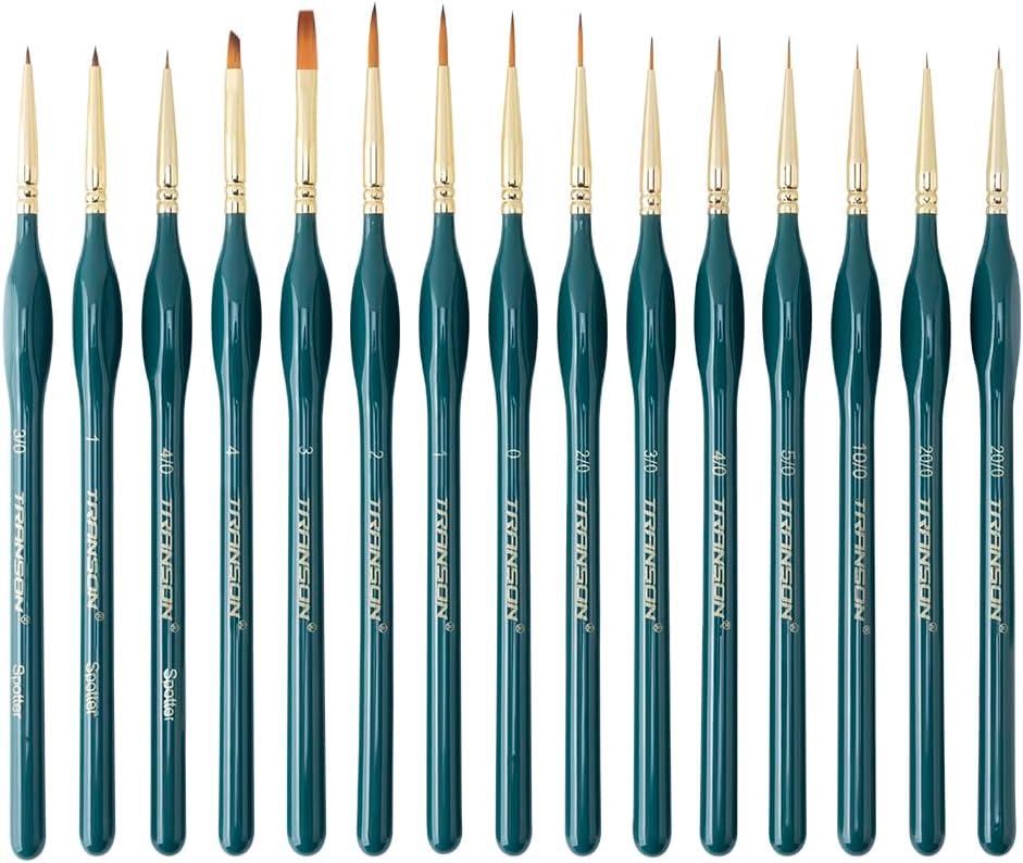 Transon 15-Piece Fine Detail Miniature Painting Brush Set for Acrylics, Watercolors, Crafts, Rocks & Face Painting