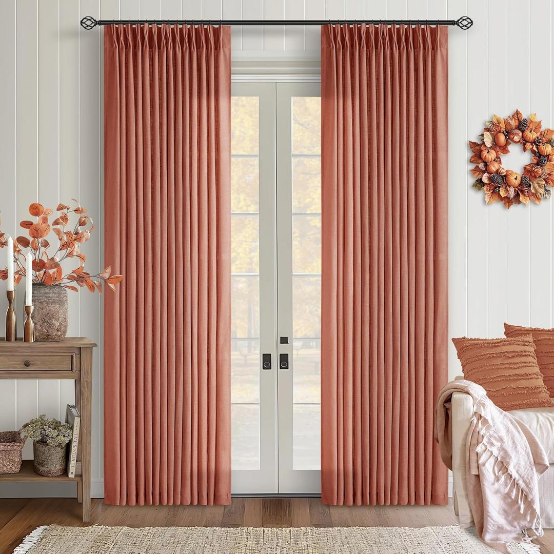 Pinch Pleated Terracotta Linen Curtains 84 Inches Long 2 Panels Set for Living Room Dining Pinch Pleat Back Tab Light Filtering Farmhouse Boho Retro Window Curtain Drapes Red Clay Autumn Fall Decor (Firebrick)