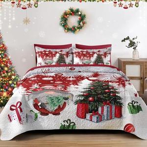 WeCozy Christmas Full/Queen Size Quilt Set, Cute Gnome Lightweight Bedspread Coverlet with Pillow Shams for Kids and Adults, Merry Xmas 3 Pcs Bedding Bed Cover