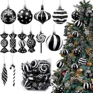 Christmas Candy Cane Lollipop Ornaments for Christmas Tree 48Pcs Xmas Plastic Peppermint Christmas Tree Hanging Ball Pendants for Xmas Party Indoor New Year Holiday Home Decorations (Black)