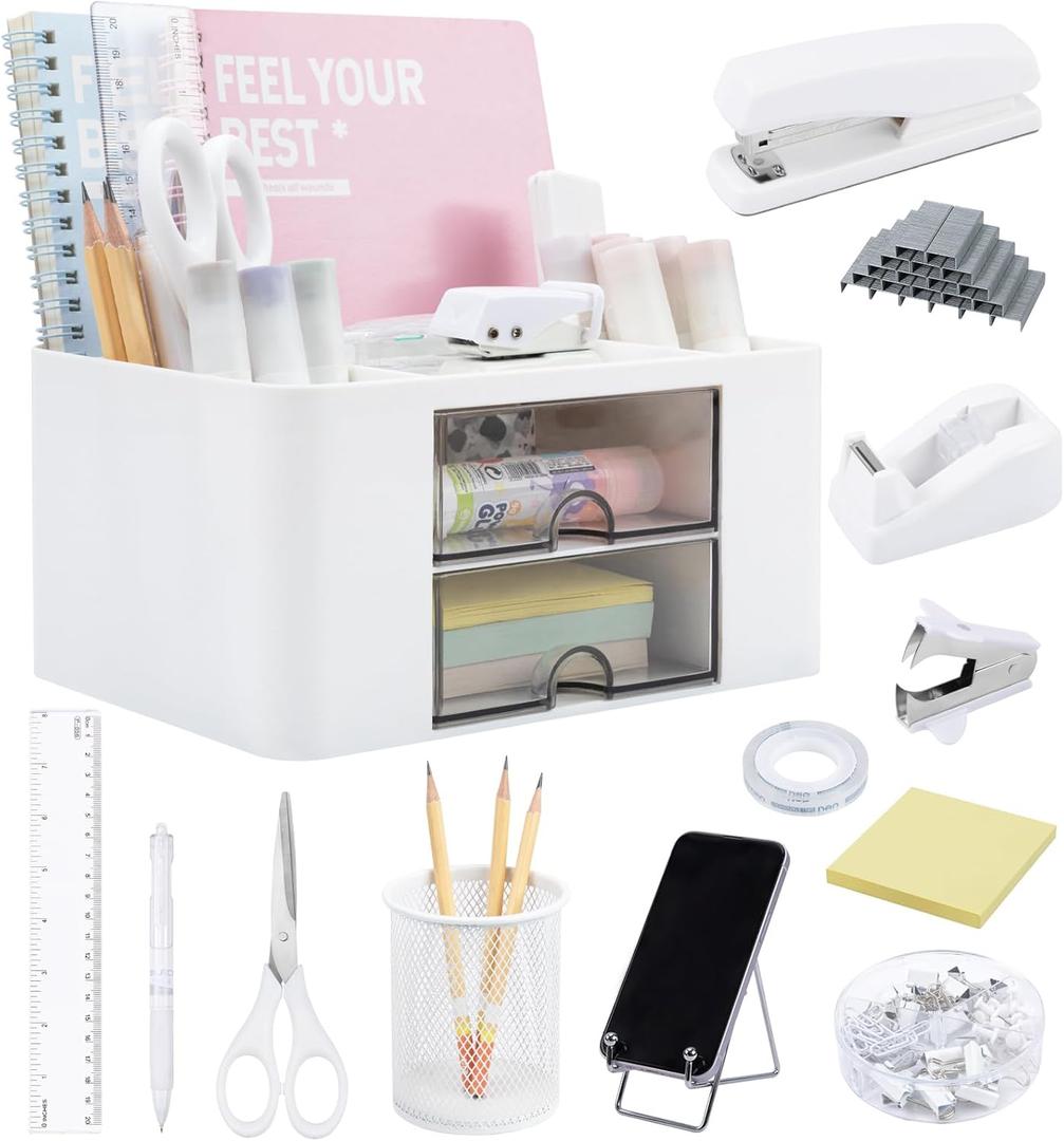 White Desk Organizers and Accessories 12+1Pcs, Office Supplies for Desk, Pen Organizer with 2 Drawers with Stapler,1000 Staples, Phone Holder, Tape Dispenser, Pen Holder, Sticky Note,Clips,Ruler,Etc