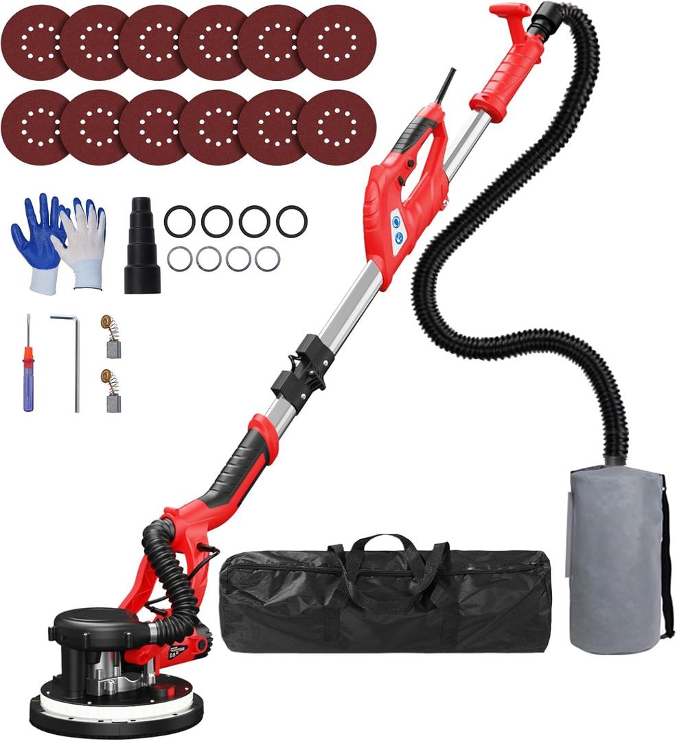 Drywall Sander, 2025 Upgraded 8-Amp Popcorn Ceiling Removal Tool with 7 Variable Speed 800-1800RPM, Drywall Sander with Vacuum Dust Collector with Extendable Handle, LED Light, 12pcs Sanding Discs,Red Drywall Sander, 2025 Upgraded 8-Amp Popcorn Ceiling Removal Tool with 7 Variable Speed 800-1800RPM, Drywall Sander with Vacuum Dust Collector with Extendable Handle, LED Light, 12pcs Sanding Discs,Red
