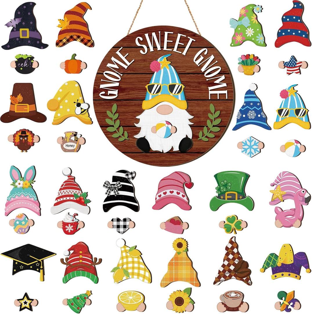 Wenqik 41 Pcs Interchangeable Gnome Decor Holiday Wooden Seasonal Gnome Decor Detachable Magnet Hat and Hand Welcome Sign for Home Decoration (Dark Brown)