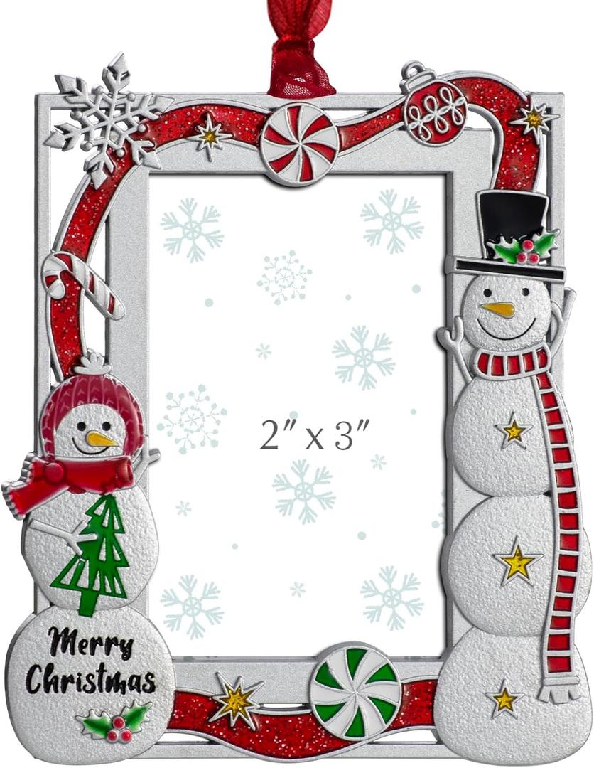 2025 Christmas Ornaments 3x2 inch Picture Frame Metal Hanging Pendant for Tree Small Decorative Keepsake, Display Photo for Baby and Pet (Snowman (Red))
