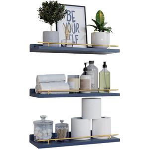 WOPITUES Floating Shelves with Gold Metal Guardrail, Shelves for Wall Decor Set of 3, Wall Shelves for Bedroom, Bathroom, Kitchen, Living Room, Plants, Picture Frames, Art- Gold in Navy Blue (15.7 inch)
