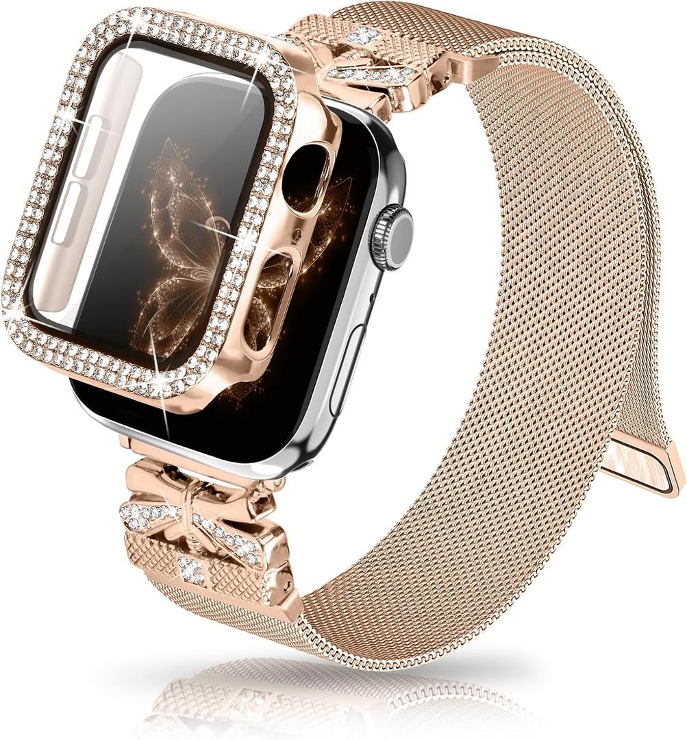 Magnetic Band for Women Compatible with Apple Watch Band 38mm 40mm 41mm 42mm 44mm 45mm 46mm Milanese Stainless Steel Loop with Bling Protective Case, Dressy Metal Strap Replacement iWatch Band (Rose Gold)