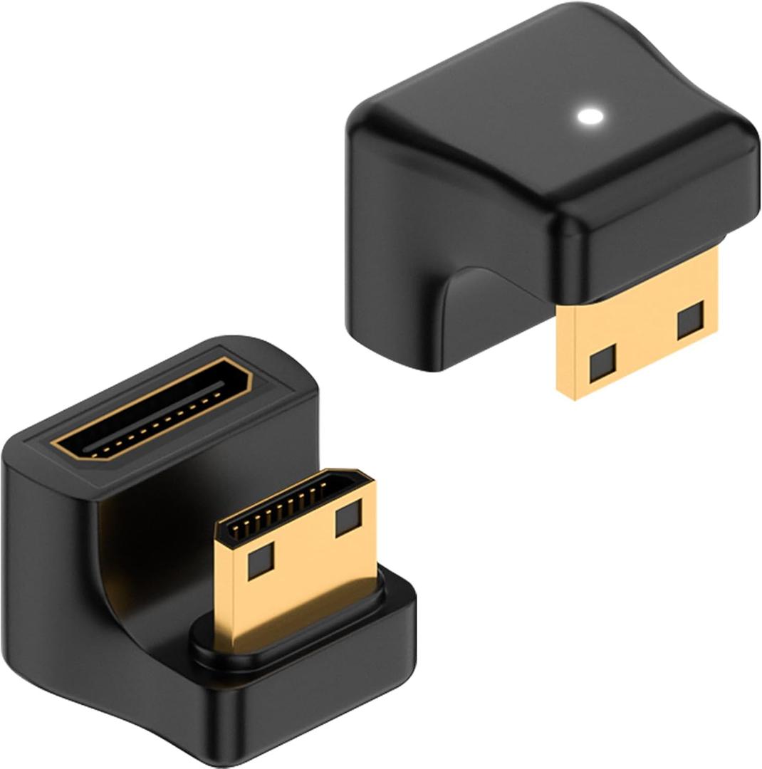 Duttek 8K U Shape Mini HDMI Adapter, 48Gbps Down Angle Mini HDMI Male to Female Extension Adapter with LED Working Indicator for Camera, Camcorder (2 Pack)