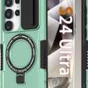 Magnetic Case for Samsung Galaxy S24 Ultra, with Ring Stand [Glass Screen Protector] [Compatible with MagSafe] Military Grade Case with Camera Cover, Shockproof Cover for Samsung S24Ultra, Light green