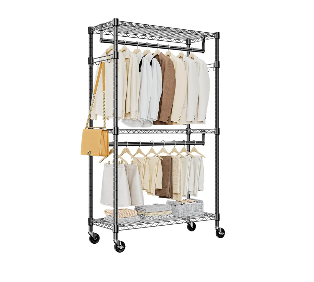M MZG Heavy Duty Rolling Garment Rack 3 Tiers Adjustable Wire Shelving Clothes Rack with 2 Rods and Side Hooks,Storage Closet Clothing Rack with Wheels Black 15.7" D x 29.5" W x 74.5" H