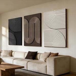 Azartslr 3D Abstract Textured Wall Art, Modern Black Beige Sandstone Wall Decor For Living Room, Brown Minimalism 3piece Home Bedroom Art Painting, Minimalist Artwork Dining Room Pictures Decoration