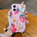 UEEBAI for iPhone 16 Plus Case, Oil Painting Flower Case with Phone Grip Pretty Glossy Wave Cover Cute Floral Curly Cover with Phone Finger Strap Stand for Women Girl, Strawberry