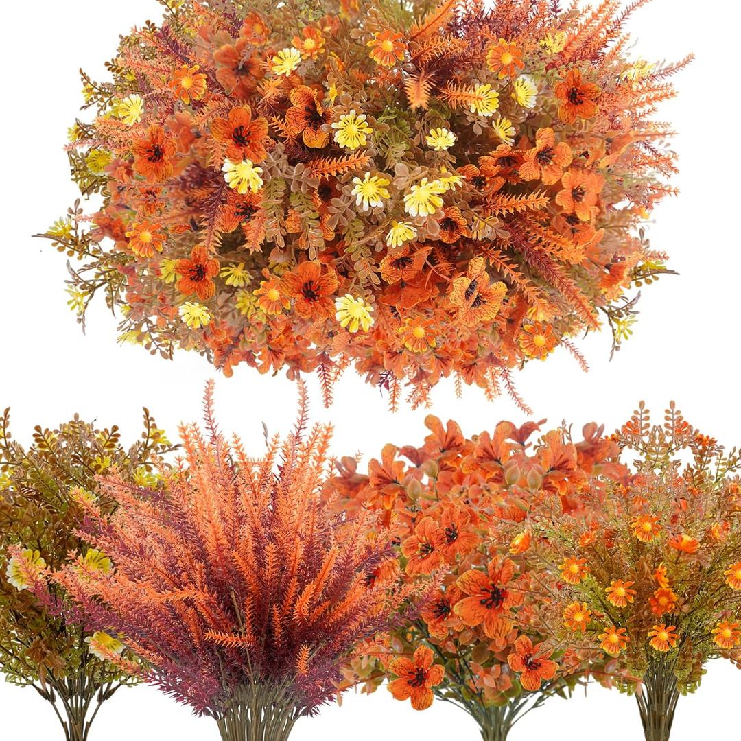 64PCS Fall Artificial Flowers Outdoor UV Resistant Faux Plastic Autumn Plants No Fade Fall Orange Mums for Home Outside Garden Window Box Wedding Party Fall Decor