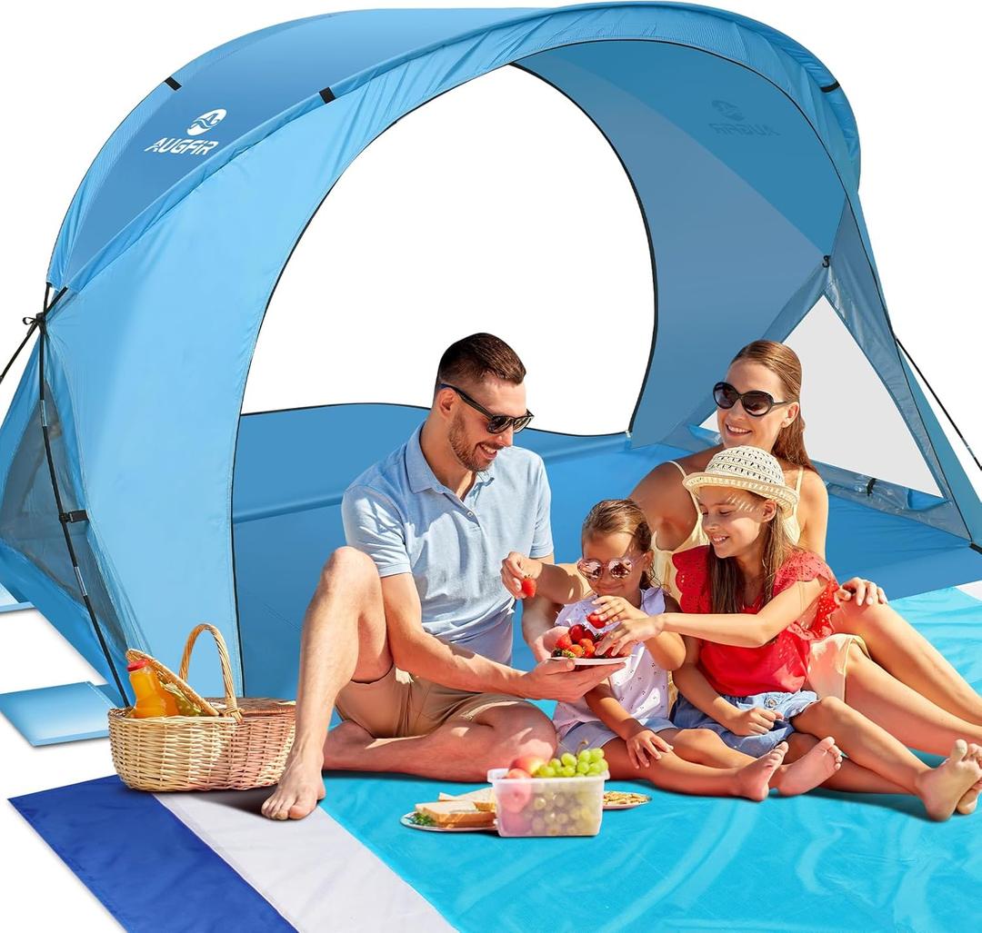 Beach Tent Sun Shelter, Beach Tent with Beach Mat Set, 4 Person Portable Beach Shade Canopy with UPF 50 UV Protection, Dual-Door Ventilation Design, Easy Setup Family Beach Umbrella (Blue)