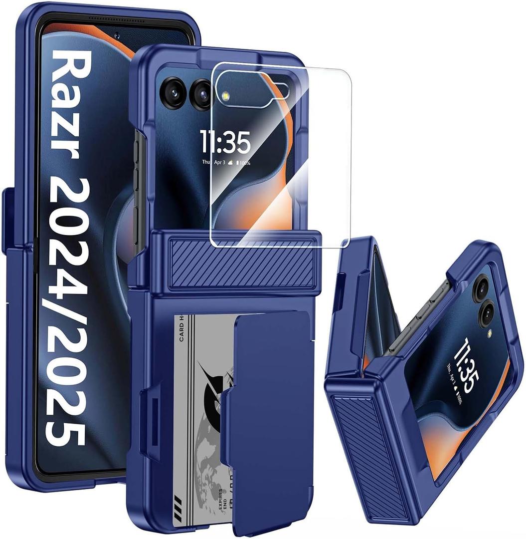 GooseBox for Motorola Razr 2025 Case Wallet RFID Card Holder&Hinge Protection&HD Screen Protector, Full Body Shockproof Cover for Motorola Razr 2025/Razr 2024(Blue)