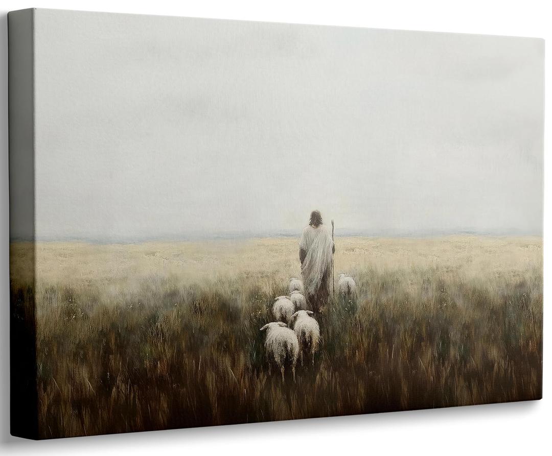 Jesus and Lamb Canvas Wall Art Vintage Christianity shepherd Painting Picture Wall Decor Jesus Leaves the 99 Sheep Inspirational Poster Print Artwork for Church Study Living Room Home Decoration, 61L x 40.6W cm