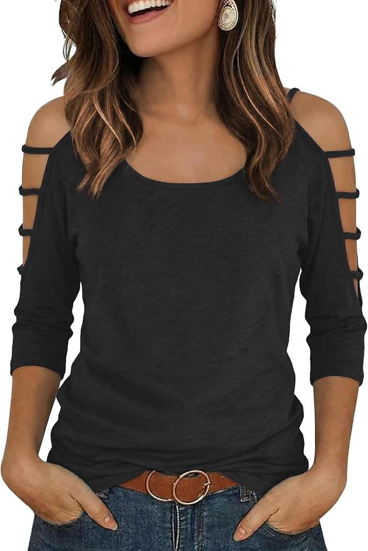Jar of Love Women's Cold Shoulder Tops 3/4 Sleeve Sexy Going Out T-Shirts for Women Casual Tunic Tops (XX-Large, Black)