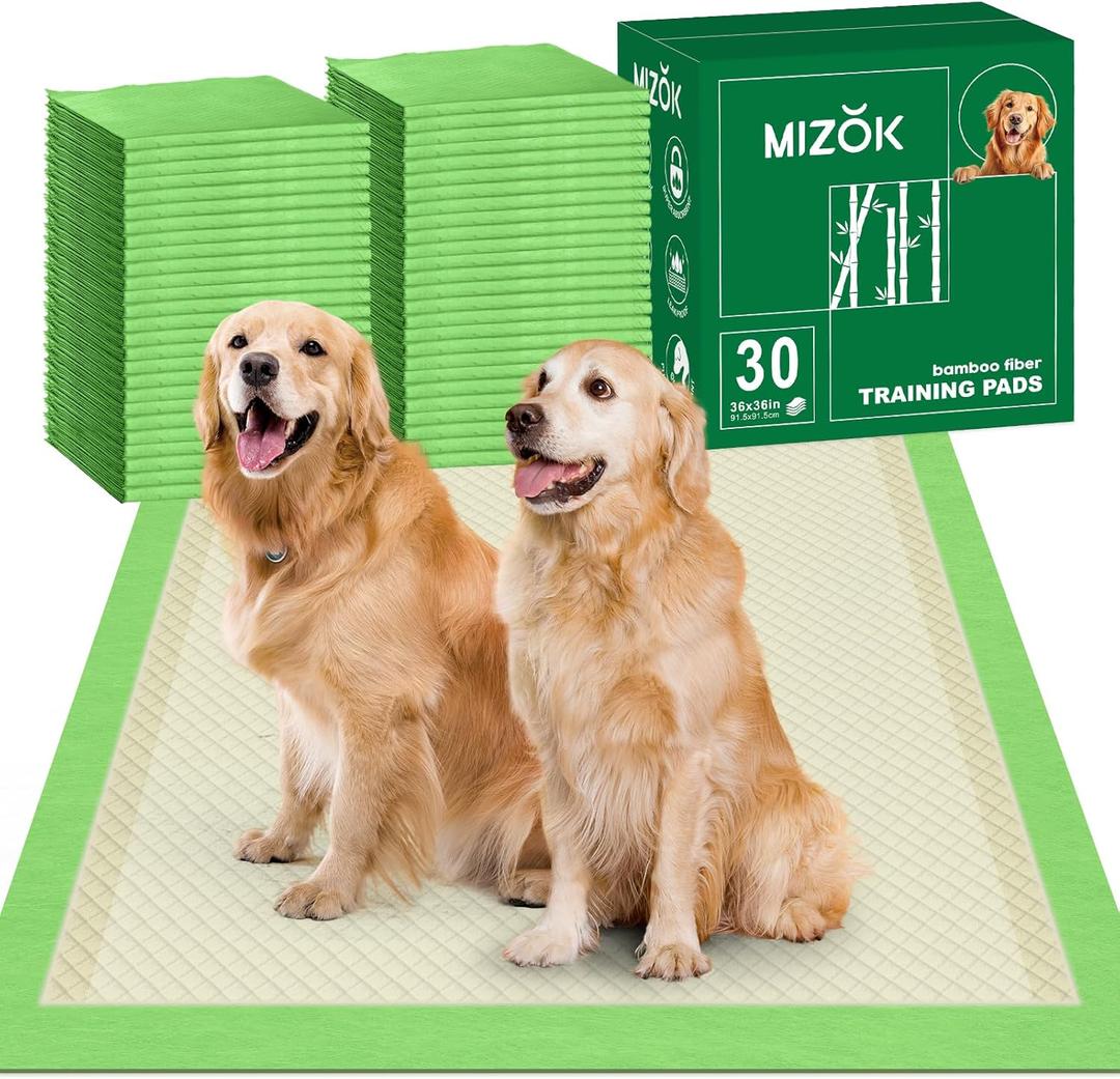 MIZOK Dog Pee Pads 36x36in Dog Pads XXL with Bamboo Odor Eliminating 11 Cups Super Absorbent 6-Layer Leak-Proof Puppy Pads with Adhesive Stickers, Disposable (30 Counts)