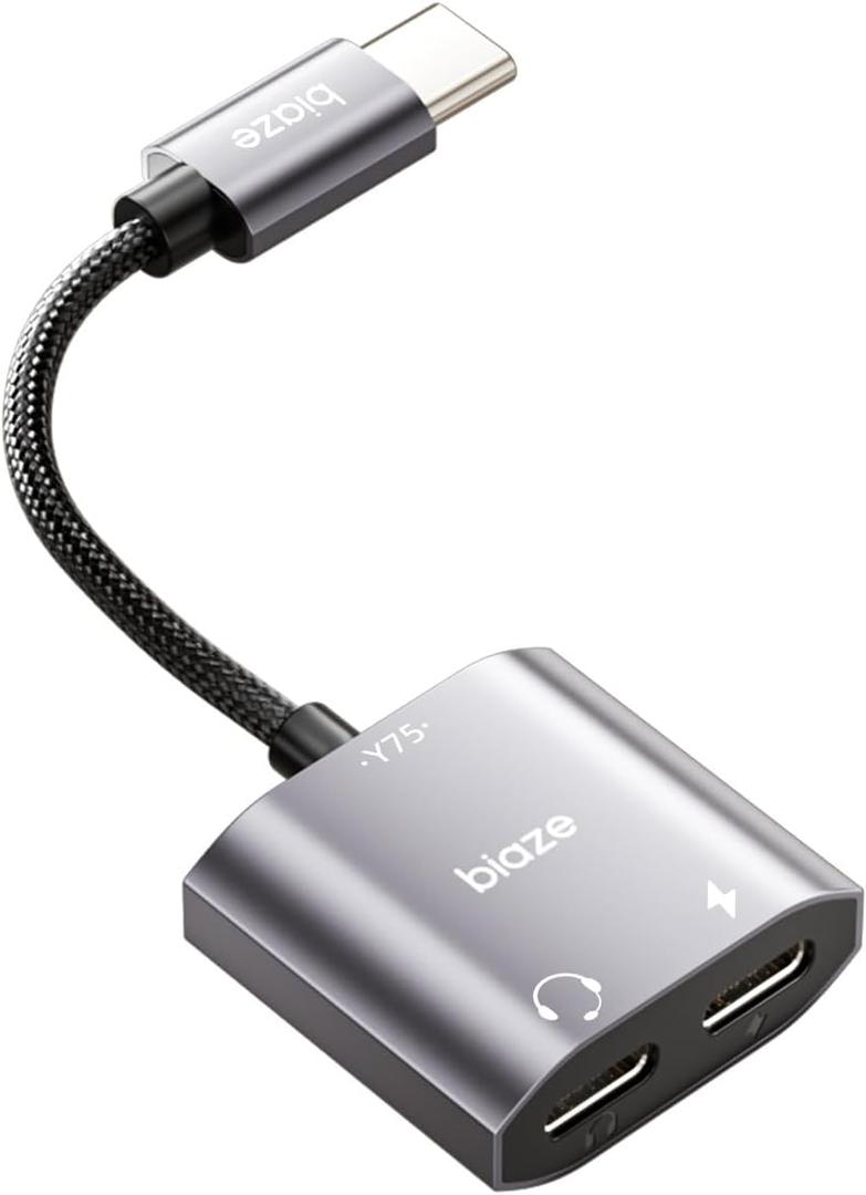 USB C to Dual USBC Headphone and Charger Adapter, USB C Splitter 1 in 2 Out Male to Female Audio Dongle Cable with 60W Fast Charging for iPhone 16/15, Samsung Galaxy S25/S24/S23