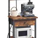 Bakers Rack with Drawer, Microwave Stand with Power Outlet, Coffee Bar Station with 4 Hooks, Kitchen Storage Shelf Rack 4 Tiers, for Kitchen, Dining Room, Rustic Brown and Black BRHR48E01