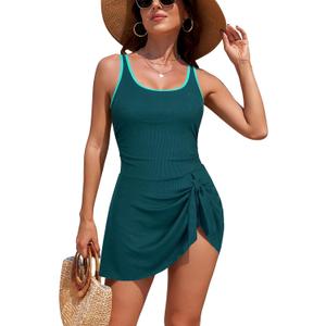 SHEKINI Women's One Piece Swimdress Swimsuits Tummy Control Swim Dresses Tie Knot Color Block Ribbed Bathing Suit Skirt (XX-Large, Green)