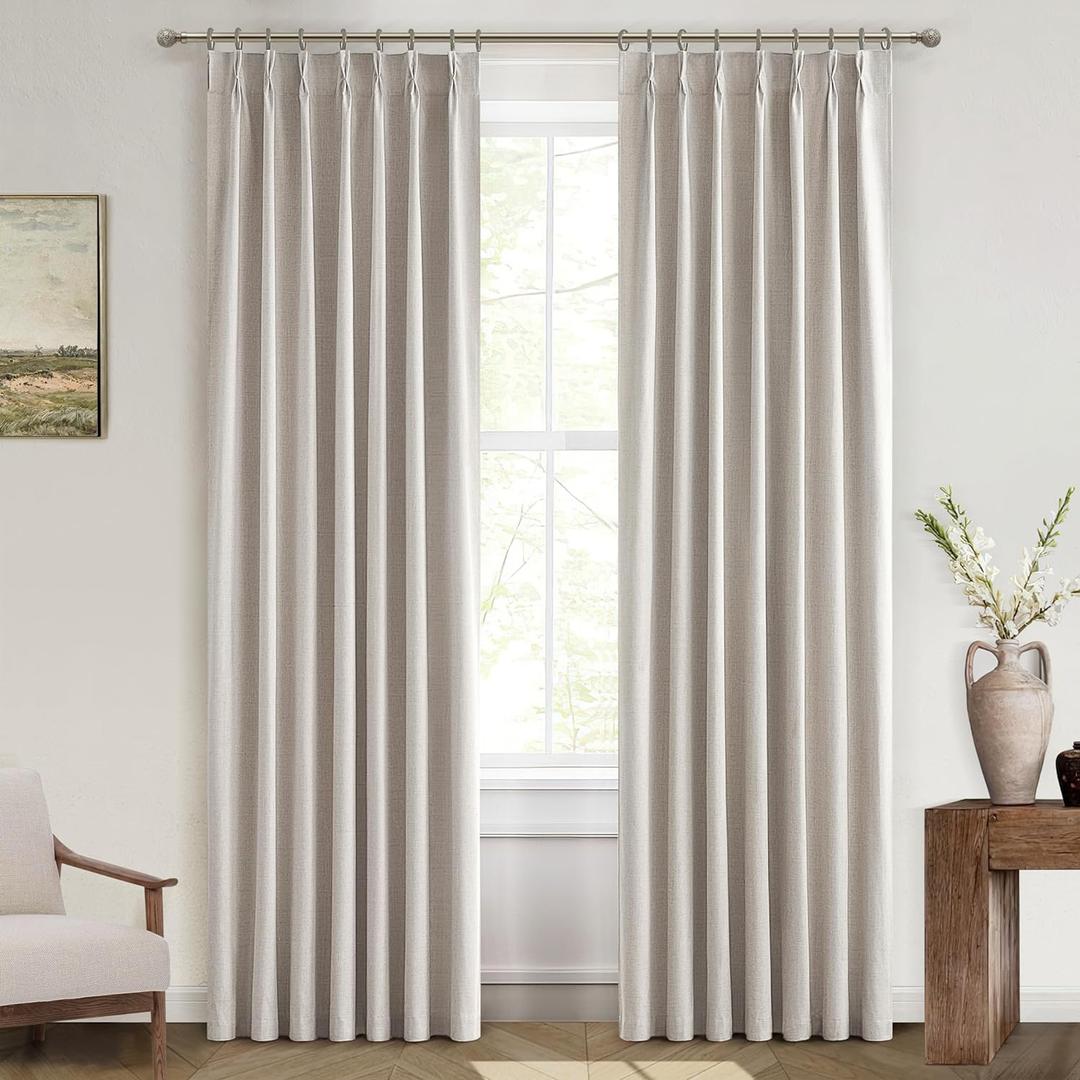 Natural Linen Pinch Pleated Blackout Curtains & Drapes 96 Inch Long Bedroom/Livingroom Farmhouse Curtains 2 Panel Sets, Neutral Track Room Darkening Thermal Insulated 8ft Back Tab Window Curtain (40"W x 96"L (Pack of 2), Natural)