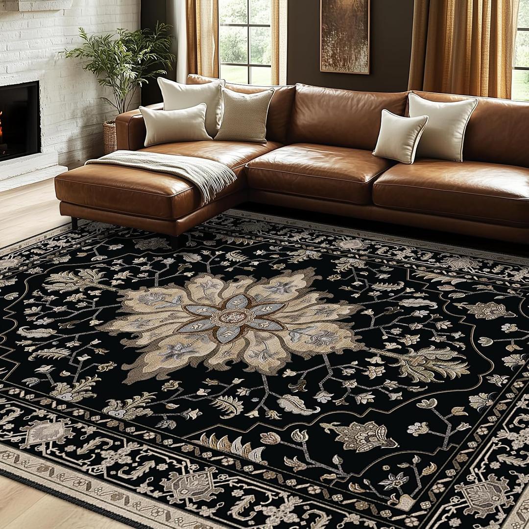 RELEANY Washable Area Rug, 7'x10', Black/Neutral