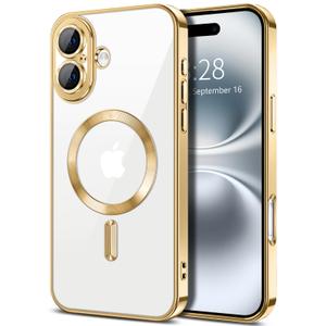 Hython Magnetic Clear for iPhone 16 Plus Case with Camera Lens Protector [Compatible with MagSafe] Luxury Plating Edge Slim Soft TPU Cover Protective Phone Case for iPhone 16 Plus 6.7", Gold
