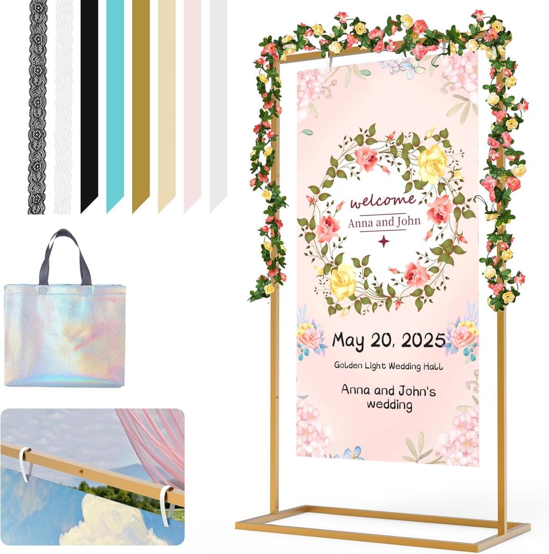 Wedding Sign Holder, 57x31x15"Welcome to Our Wedding Sign Stand Metal Wedding Sign with 8 Pair Satin Ribbon & 2 Pair Leather Sign Straps,Storage Bag, Flower Vine,Heavy Duty Easel Stand for Sign,Poster (Gold)