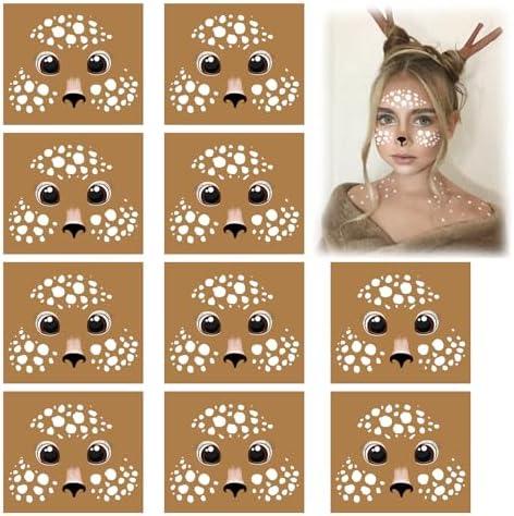 10 Sheets Deer Face Tattoo Temporary Costume Makeup Paint Kit Stickers Halloween Animal Face Decal Accessories for Women Party Decor Body Cosplay Accessories (face10),Set of 2