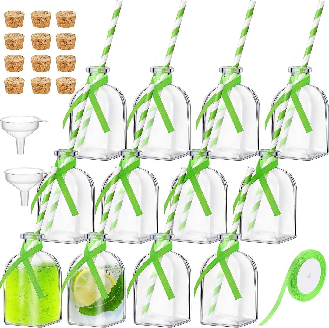 Baderke 12 Pcs Glass Bottles with Cork and Straw 4 oz Mini Empty Glass Bottle for Drinks Reusable Liquor Bottles with Silk Ribbon and Funnels for Cocktail, Wedding Party(Green)