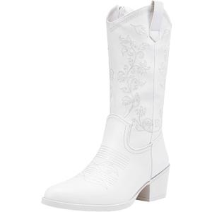 Vepose 9803 Cowboy Boots Women, Cowgirl Embroided Western Pull on Pointed Toe Mid-Calf Chunky Heel Boots with Inside Zipper White-western-9803, 8