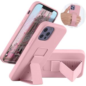 LAUDTEC Silicone Kickstand Case Compatible with iPhone 12/12 Pro, Vertical and Horizontal Stand Hand Strap Metal Kickstand Cover, Flexible Soft Liquid Silicone Stand Case for iPhone 12/12 Pro (Pink)
