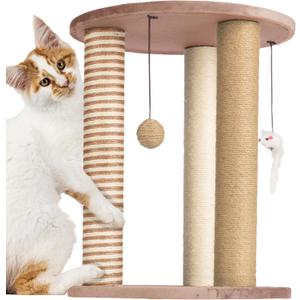 Cat Scratching Post - 3 Scratcher Posts with Carpeted Base Play Area and Perch - Furniture Scratching Deterrent for Indoor Cats by PETMAKER (Brown), Large