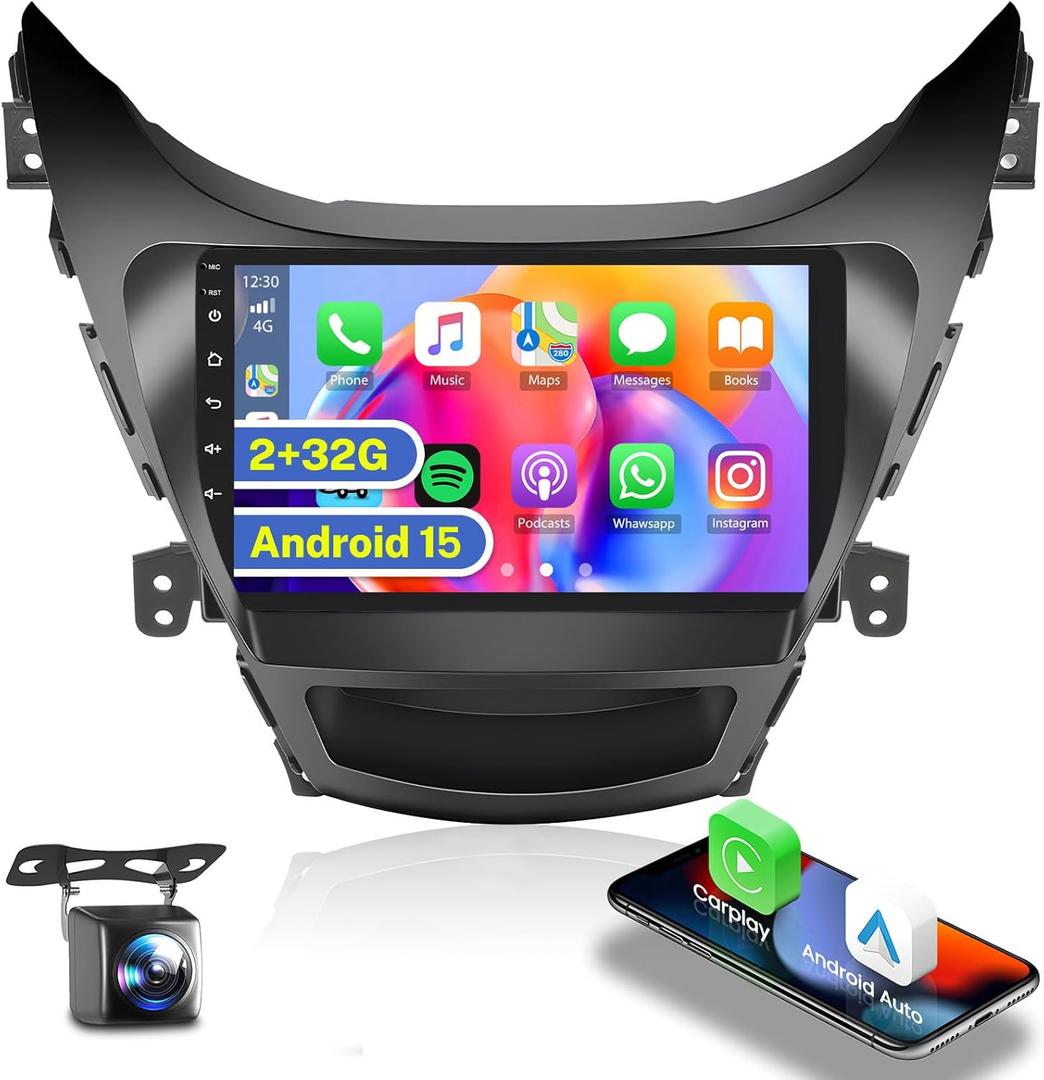 2+32G Android 15 Car Stereo CarPlay Radio for Hyundai Elantra 2011-2013, 9'' HD Touch Screen with Android Auto, AHD Backup Camera, Mirror Link, GPS, WiFi, DSP
