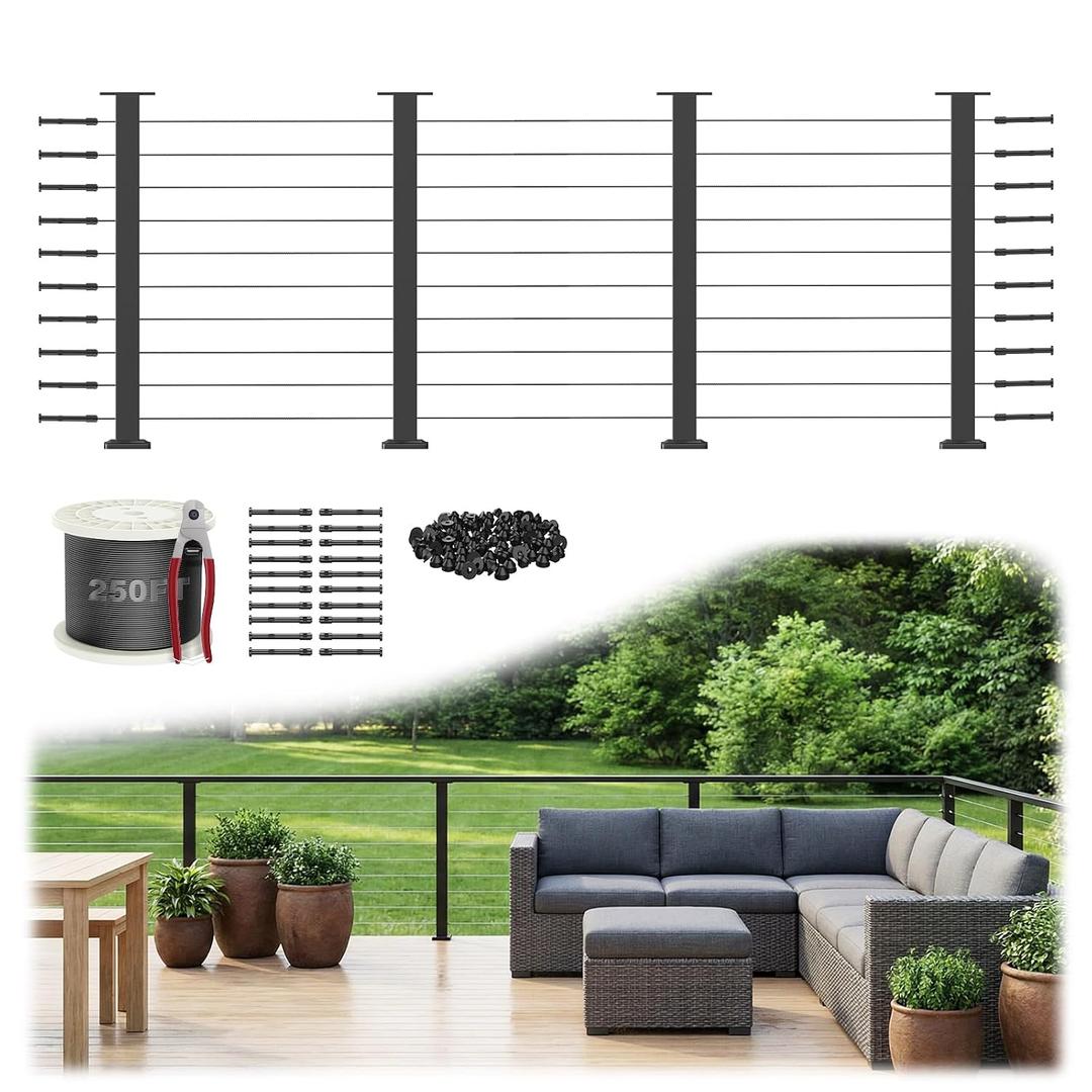 12-20FT Complete Set 36" Cable Railing Post Kit(35"x2"x2"), 4pcs Stainless Steel Black Flat Top Surface Mount Level Posts,1/8" Wire Rope(No Handrail),Swageless Cable Railing System Kit,MY07-LP
