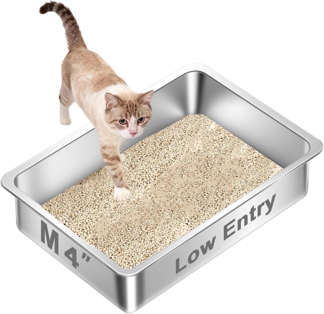 Low Entry Stainless Steel Litter Box for Kitten, Small Shallow Metal Litter Pan Tray for Rabbits Hamsters, Easy to Clean Pet Bathroom Accessories-15.75''Lx 11.81'' W x4'' H