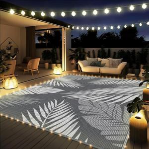GENIMO Outdoor Rug 8' x 10' Waterproof for Patios Clearance, Reversible Outdoor Plastic Straw Camping Rug Carpet with LED String Light, Area Rugs Mats for RV, Camper, Deck, Balcony, Porch, Grey&White