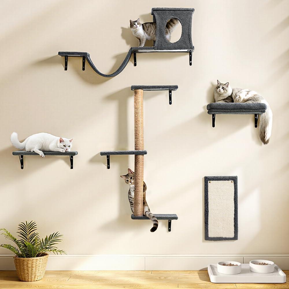 PawGiant Cat Wall Shelves, 5-in-1 Cat Furniture Set, Wooden Cat Climber with Perches, Condo House, Bed, Scratching Post & Board for 16inch Drywall and Solid Wall
